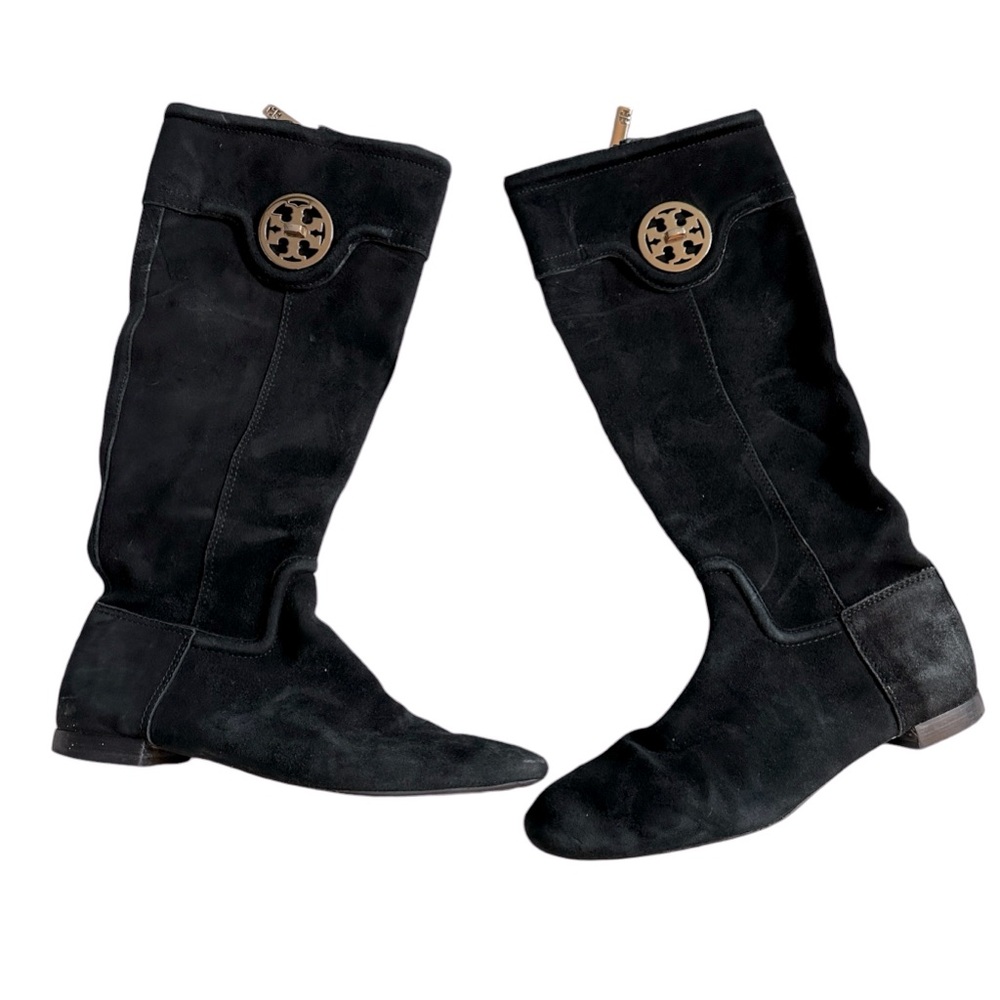 Tory Burch Black Suede Knee Boot with Gold Logo Medallion